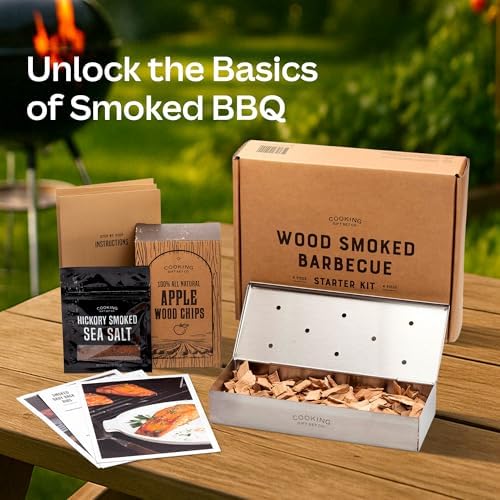 BBQ Smoker Box Kit – Stainless Steel Smoker with Hinged Lid, Apple Wood Chips, Hickory Salt – Grilling Accessories and Grilling Gifts for Men – Great Birthday Gifts for Men Who Love to BBQ