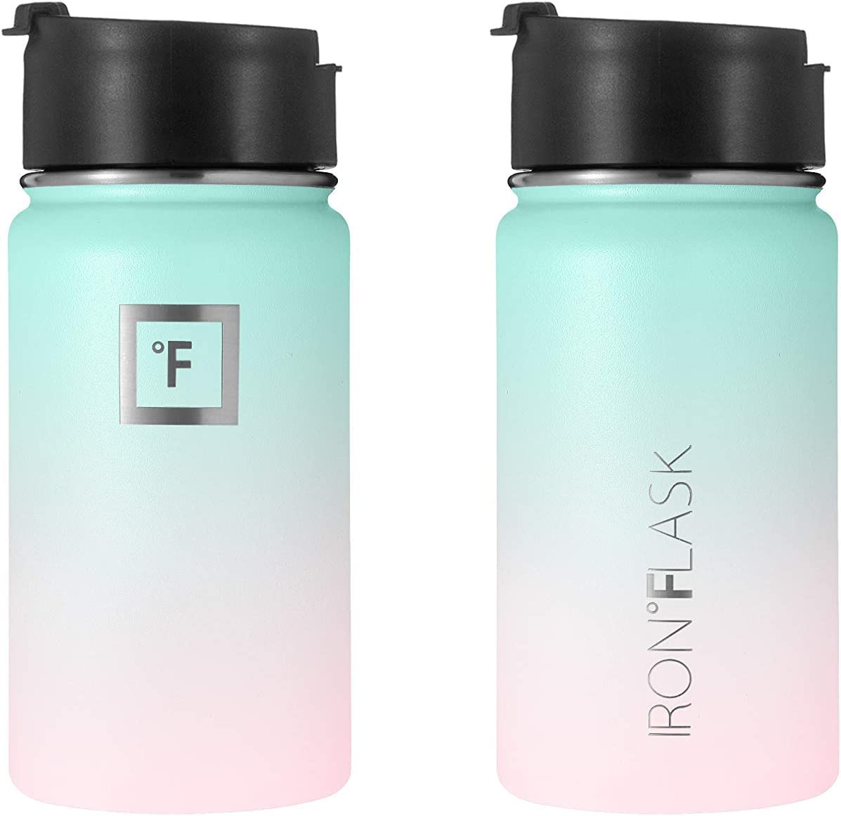 IRON °FLASK Camping & Hiking Hydration Flask, Wide Mouth, 3 Straw Lids, Stainless Steel Outdoor Water Bottle, Double Walled, Insulated Thermos, Metal Canteen - Bubble Gum, 14 Oz