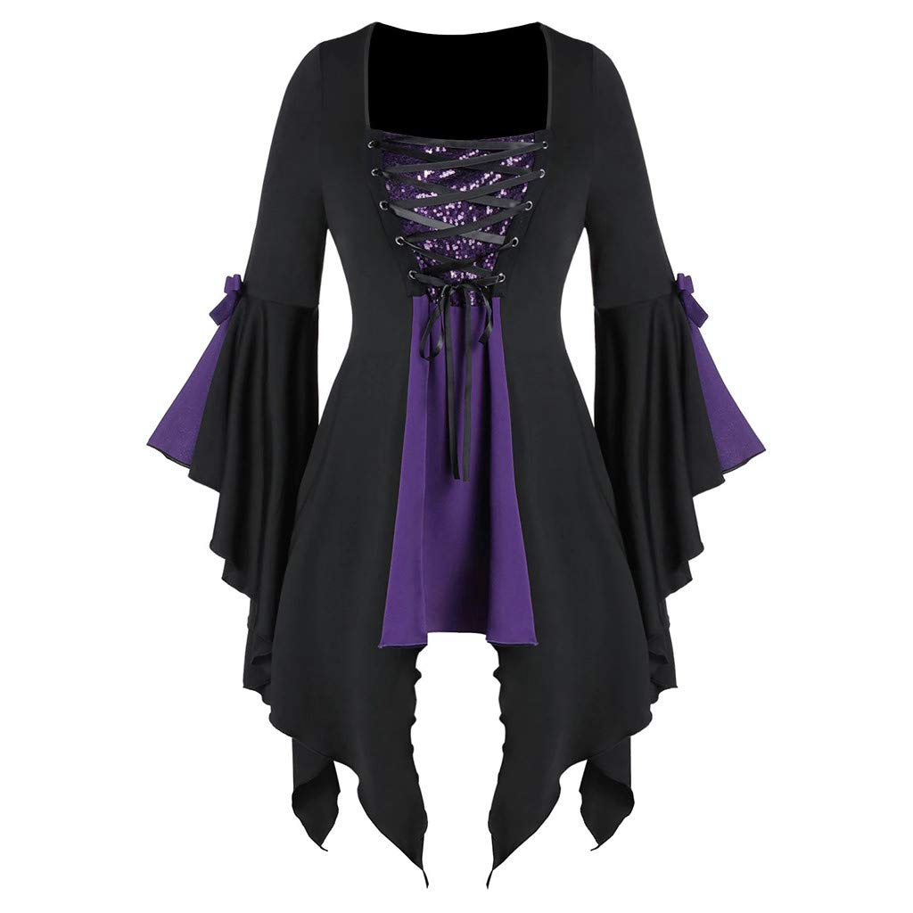 Aniywn Plus Size Womens Halloween Tops, Flare Long Sleeve Sequined Lace Up Gothic Costume Tunic Tee Shirt Purple