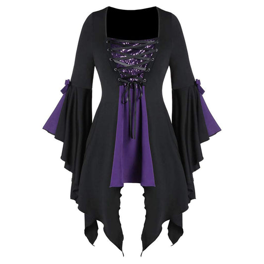 Aniywn Plus Size Womens Halloween Tops, Flare Long Sleeve Sequined Lace Up Gothic Costume Tunic Tee Shirt Purple