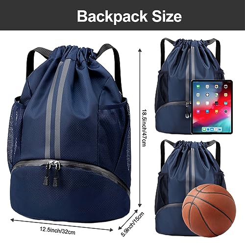 Hoedia Sports Drawstring Backpack - String Swim Gym Bag with Shoes Compartment and Wet Proof Pocket for Women/Men (Navy Blue)