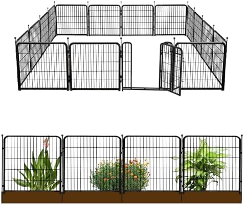 Tall Garden Fence with Gate 48 in(H)×27 in(L) 12 Panels Total 26.6 Ft(L), Garden Fencing to Keep Dogs Out, Heavy Duty Iron Metal Animal Barrier Fence, Flower Bed Fencing