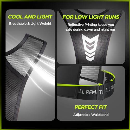 ALL REMATE Unisex Reflective Running Vest 2 Head Bands set with 5 Pockets for Phones, Water bottles, Ear Bud Case, Keys, etc. Ventilative Adjustable Jogging Gear