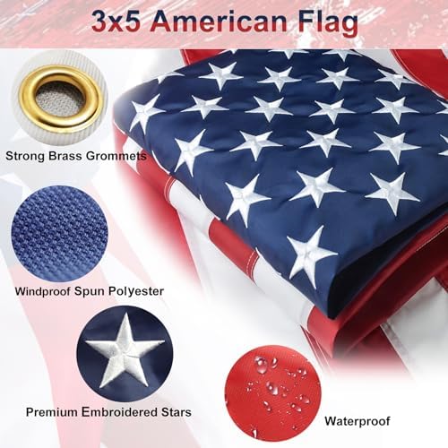 American Flag with Pole Kit - 6ft Heavy Duty Tangle Free Flag Pole Holder for Outside House,3X5 Embroidered US Flag,Dual Position Bracket for Front Porch,Garage,Outdoor