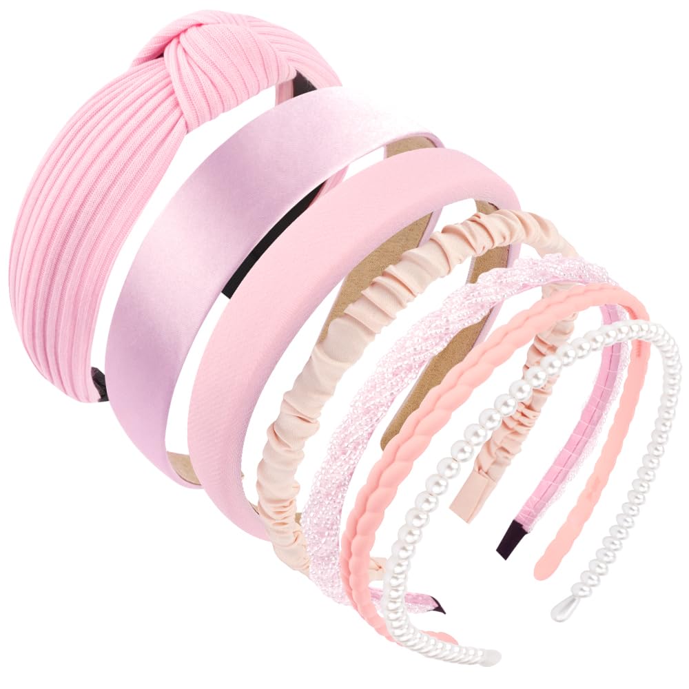 AHONEY 7 Pack Pink Headbands for Girls Women Headbands Trendy Non Slip Hairbands Cute Hair Accessories Multi-style Headband Pack Diademas Para Mujer (Pink)
