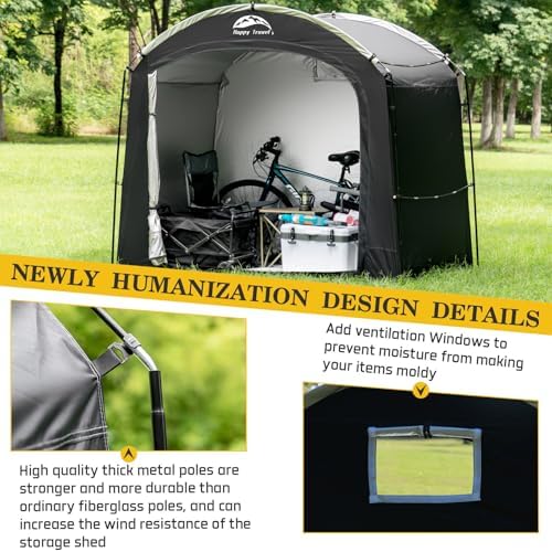 Happy Travel Bike Storage Shed Tent, Waterproof Portable Bicycle Cover with 30% More Top Storage Space for 2/3/4/5 Bikes,Clips Easy Setup Outdoor Sheds Shelter for Motorcycle, Garden Tools, Lawn Mower
