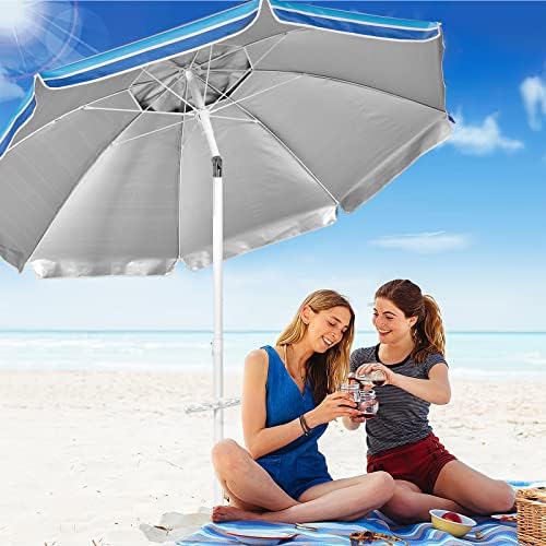 Aoxun Beach Umbrella with Tilt Pole, Portable Sand Anchor and Carry Bag, UPF 50+ Sun Shelter Air Vents Design for Outdoor Activities (Navy Blue & White), 6.5ft