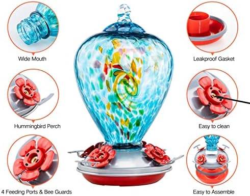 Muse Garden Hummingbird Feeders for Outdoors Hanging, Blown Glass Hummingbird Feeder Unique Gifts for Women, Containing Ant Moat, Garden Decor, 34 Ounces, Blue Chatoyant