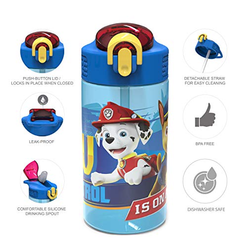 Zak Designs PAW Patrol Kids Water Bottle with Spout Cover and Built-in Carrying Loop, Durable Plastic, Leak-Proof Water Bottle Design for Travel (16 oz, 2-Pack, Non-BPA, Marshall)