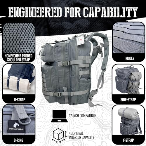 AMERICANPHOENIX 45L Elite Tactical Backpack | 3X Stronger Work & Military Backpack | Water Resistant and Heavy Duty | 3 Day MOLLE Bug Out Bag (Polar White)