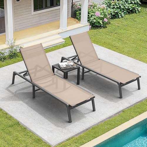 Aluminum Chaise Lounge Chair Outdoor, Foldable & Assembly Free Outdoor Lounge Chair with 5 Position Adjustable Backrest, Patio Pool Lounge Chairs for Outside Poolside Beach Lawn, 1PC, Khaki