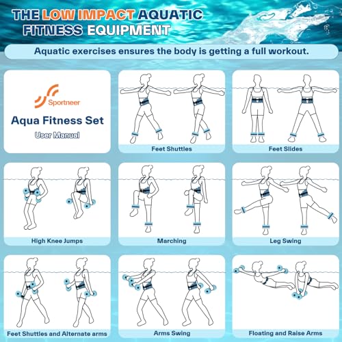 Sportneer Water Aerobics Pool Exercise Equipment Water Workout Combo Set includes High Density Water Dumbbell Aqua Belt Water Ankle Weights for Aquatic Therapy Pool Fitness Water Exercise
