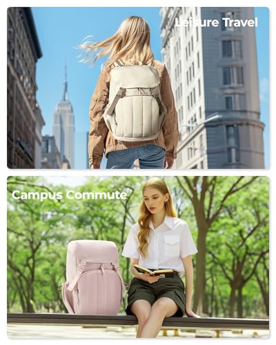 BAGSMART Backpack for Women, Wide Opening Travel Backpack, College Backpack for 15.6 Inch, Water-Resistant Quilted Daypack Lightweight Bookbag, Beige