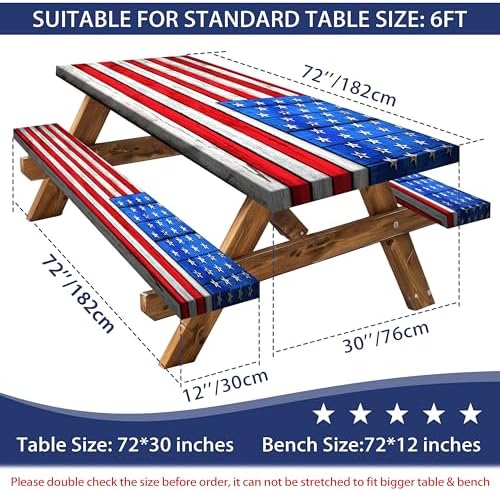 American Flag Picnic Table Cover with Bench Covers Set Wood Texture Waterproof Windproof Camping Rectangle Tablecloths Fitted Picnic Table Cover for Outdoor,Picnic,Camping (Red, 3pcs-72" x 30")