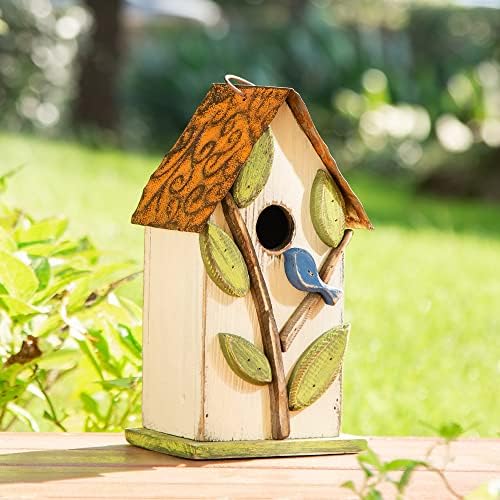 Glitzhome 9.7" H Hanging Birdhouse for Outdoor Patio Garden Decorative Pet Cottage Wooden Distressed Birdhouse, Leaves Rustic White
