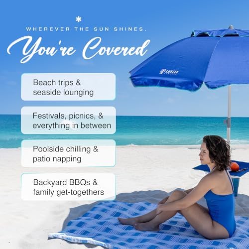 AMMSUN 7ft Heavy Duty High Wind Beach Umbrella with sand anchor, Built-in Table Tray Vent Tilt Pole, UPF 50+ Windproof Portable Outdoor Umbrellas Carry Bag for Patio Garden Pool Backyard Navy