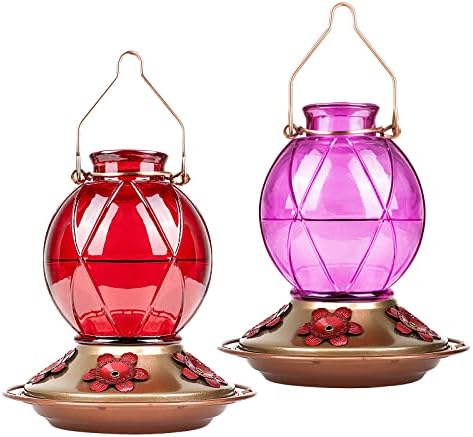BOLITE Hummingbird Feeder, Glass Hummingbird Feeders for Outdoors Hanging, Five Feeding Ports, 20 Ounces, 2 Pack, Red and Purple, Birthday Gifts for Women Men, Gifts for Mom Dad