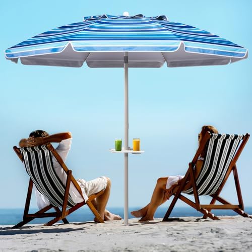 Aoxun 8ft Beach Umbrella with Tray and Tilt Pole Portable Patio Umbrella with Sand Anchor and Carry Bag Outdoor UPF 50+ Sun Shelter with Air Vents Design (Navy Blue)