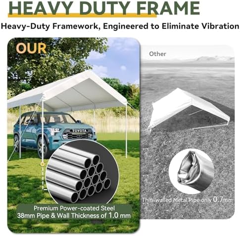 Aoxun 10x20 ft Heavy Duty Carport with Tarp & Wind Resistance Portable Carport Car Tent Outdoor Car Port with Tear Resistant Canopy, No Sidewall - White