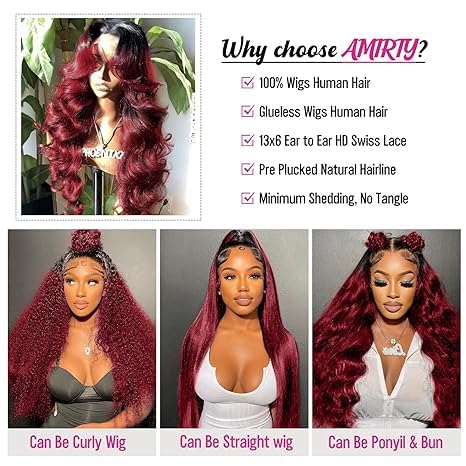 AMIRTY 250 Density Burgundy Lace Front Wigs Human Hair Wine Red Colored 13x6 1B/99J HD Lace Frontal Wigs Human Hair Pre Plucked with Baby Hair 18 Inch