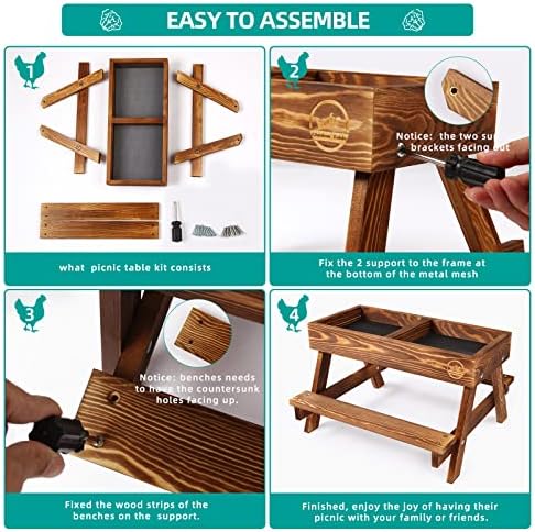 Chicken Table No Waste, Chicken Picnic Feeder Handmade Carbonized Wooden, Large DIY Chicken Feeder Kit, Wild Bird, Duck & Squirrel Feeders, Mesh Bottom Keep Food Fresh and Dry Easy to Clean and Fill