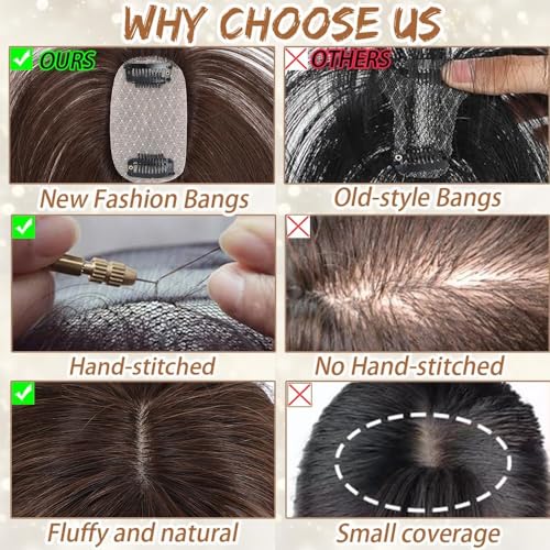 Amchoice Hair Toppers for Women Real Human Hair, Clip 360° 3D Cover, Human Toppers for Women Daily(60#, 3D Wispy Bangs (5 * 9))