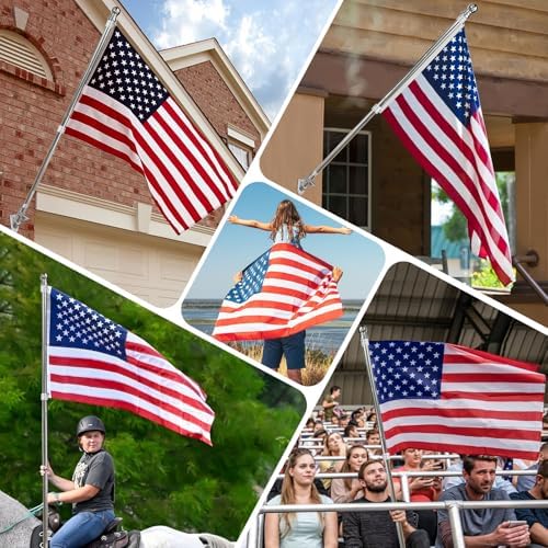 American Flag Pole Kit, Including 100% Polyester 3x5 ft US Flag, 5 Ft Aluminum White No Tangle Spinning Pole and Multi-Position Flag Pole Bracket