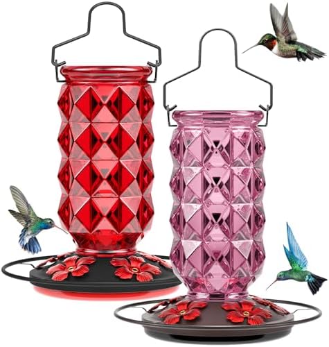 2 Pack Glass Hummingbird Feeders for Outdoors, 25 Ounces Wild Bird Nectar Feeder with Perch & 5 Flower Feeding Ports Leak Proof Hanging for Garden Backyard Decor, Gifts for Women Mom, Red & Pink