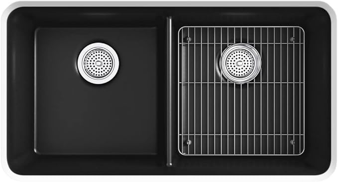 KOHLER K-8199-CM1 Cairn Sink, 33" Neoroc Composite Undermount Double-Bowl Kitchen Sink, Composite Kitchen Sink with Sink Rack, Matte Black