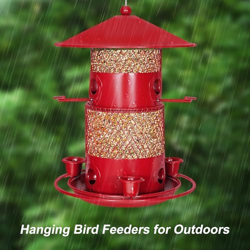VECELO Bird Feeders for Outdoors - Hanging, Large Capacity, 4 Water Cups & 6 Feeding Ports with Perch, Metal, Easy to Clean, Attracts Wild Birds