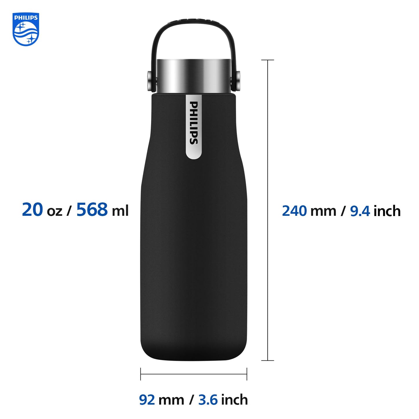 PHILIPS Water GoZero UV Self-Cleaning Smart Water Bottle Vacuum Stainless Steel Insulated Water Bottle with Handle Double-wall, Auto Cleaning, Keep Drink Hot or Cold, BPA Free, Black, 20oz
