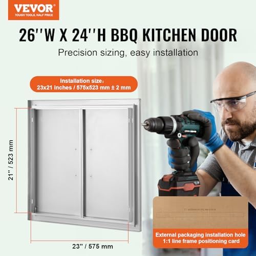 VEVOR BBQ Access Door, 26W x 24H Inch Double Outdoor Kitchen Door, Stainless Steel Flush Mount Door, Wall Vertical Door with Handles, for BBQ Island, Grilling Station, Outside Cabinet, Silver