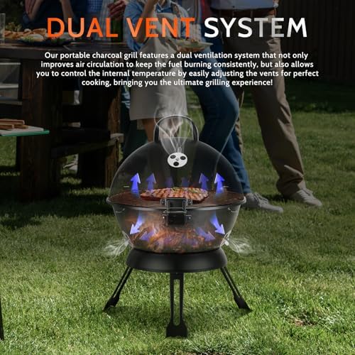 MBY 14 inch Portable Barbecue Grill with Dual Venting System, Small Foldable Charcoal Grill with Warming Rack for Picnic, Camping, Backyard-Black