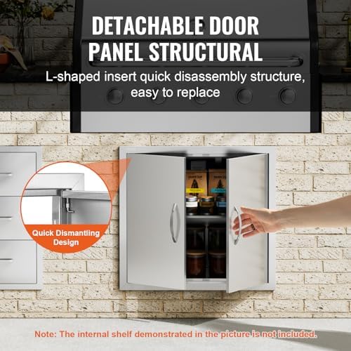 VEVOR BBQ Access Door, 26W x 24H Inch Double Outdoor Kitchen Door, Stainless Steel Flush Mount Door, Wall Vertical Door with Handles, for BBQ Island, Grilling Station, Outside Cabinet, Silver