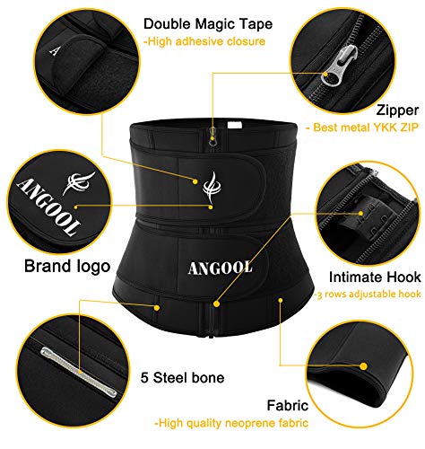 ANGOOL Neopren Waist Trainer For Women,Workout Plus Size Trimmer Belt Sauna Sweat Corset Cincher With Zipper Black