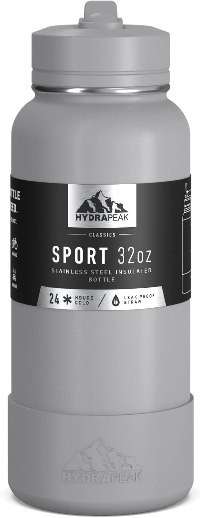 Hydrapeak 32oz Sport Insulated Water Bottle with Straw or Chug Lid, Leak & Spill Proof, Keeps Drinks Cold for 24 Hours, Hot for 12 Hours, Premium Stainless Steel Water Bottles (32oz, Grey)