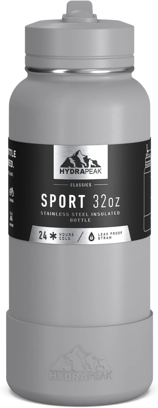 Hydrapeak 32oz Sport Insulated Water Bottle with Straw or Chug Lid, Leak & Spill Proof, Keeps Drinks Cold for 24 Hours, Hot for 12 Hours, Premium Stainless Steel Water Bottles (32oz, Grey)