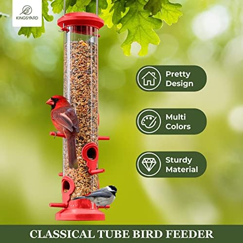 Kingsyard 2 Pack Tube Bird Feeders for Outdoors Hanging, Premium Hard Plastic Bird Feeder with 6 Feeding Ports, Weatherproof & Steel Hanger, Attracting for Wild Birds (Red)