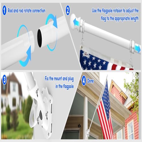 Anovo Flag Pole Kit- Stainless Steel 5 FT Flag Poles with1 Inch Metal 360° Rotating Flag Pole Rings Clip, Two-Position Flag Pole Holder Brackets Mounting for Outside House Outdoor Porch(5 FT - White)