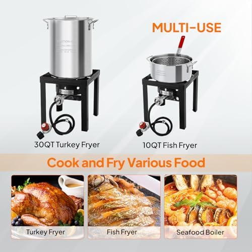 ROVSUN 30QT Turkey Fryer & 10QT Fish Fryer Kit w/ 55,000BTU Propane Stove, Aluminum Outdoor Deep Fryer & Seafood Boiler Steamer w/Baskets, Thermometer, Marinade Injector, Turkey Rack & Rack Lifter