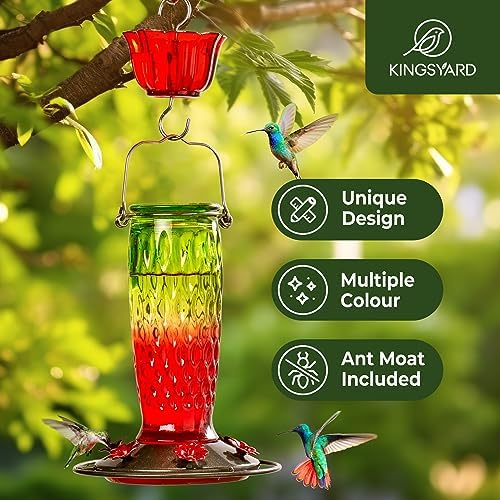 Kingsyard Hummingbird Feeders for Outdoors Hanging, 24 Ounce, Glass Hummingbird Feeder with Ant Moat & 6 Bee Guard Feeding Ports, Leak-Proof, Green & Red