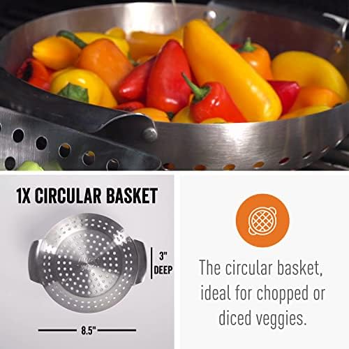 Grill Basket - Yukon Glory™ 3-Piece Mini Grilling Basket Set - Stainless Steel Perforated Grill Baskets for Grilling Veggies Seafood and Meats Includes Grill Pan - Square Basket and Circular Basket