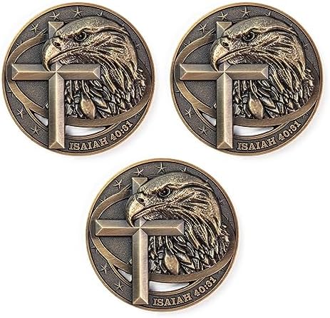 Antique Gold-Color Plated American Bald Eagle and Cross Christian Challenge Coin - Pack of 3 Bulk - Inspiring Strength and Faith - Great Gift for Men, Women, Boys, and Girls