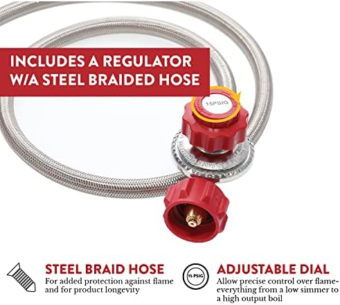 GasOne Propane Single Burner Camp Stove with High Temp Paint & Red QCC Steel Braided Regulator with Height Adjustable Leg