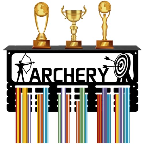CREATCABIN Archery Medal Holder Trophy Shelf Medal Hanger Display with Shelf Stand Sports 4 Rows Wall Mount Hold 70+ Medals for Men Gymnastics Soccer Running Swimming Awards Rack 15.7 x 7.9 Inch