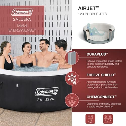 Coleman Miami AirJet Large Round 2 to 4 Person Inflatable Hot Tub Portable Outdoor Spa with 120 AirJets and EnergySense Cover, Black