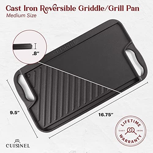 Cuisinel Cast Iron Griddle/Grill + Scraper/Cleaner - Reversible Pre-Seasoned 16.75" X 9.5"-inch Dual Handle Flat Skillet and Griller Pan - Works Indoor/Outdoor, Stove Burner, Gas, Fire