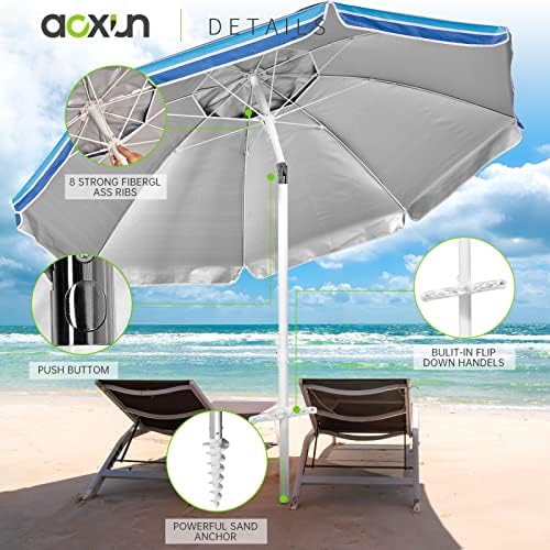 Aoxun Beach Umbrella with Tilt Pole, Portable Sand Anchor and Carry Bag, UPF 50+ Sun Shelter Air Vents Design for Outdoor Activities (Navy Blue & White), 6.5ft