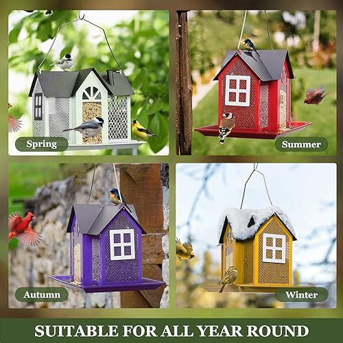 Kingsyard Bird Feeder House for Outside, Metal Mesh Wild Bird Feeder with Triple Feeders for Finch Cardinal Chickadee, Large Capacity, Weatherproof and Durable, Yellow
