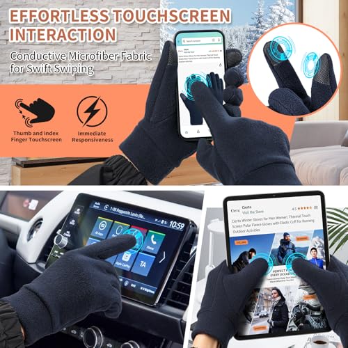 Cierto Winter Gloves for Men Women: Thermal Touch Screen Polar Fleece Gloves with Elastic Cuff for Running Driving Bike Cycling - Navy Blue